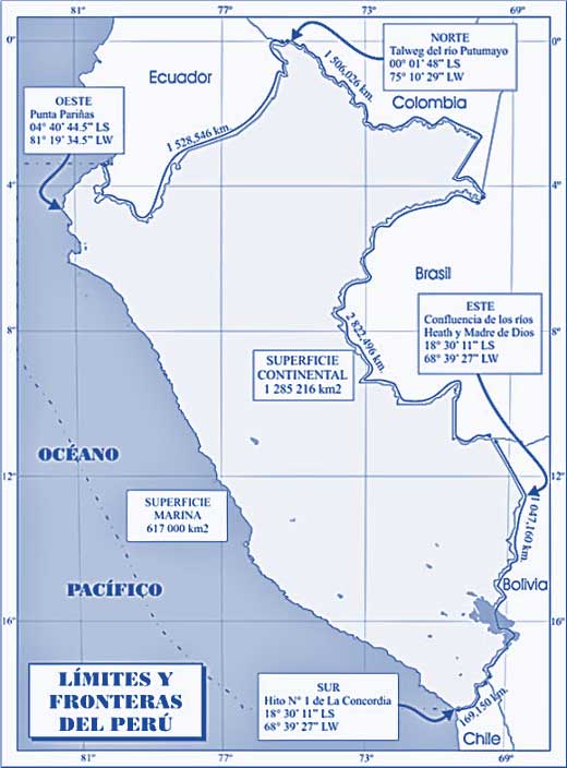 Mapa del Perú y sus límites y fronteras.