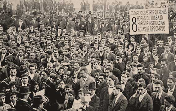 "Federación de Trabajadores Textiles" solicitando 8 horas de trabajo, 8 horas de instrucción y 8 horas de descanso (1919).