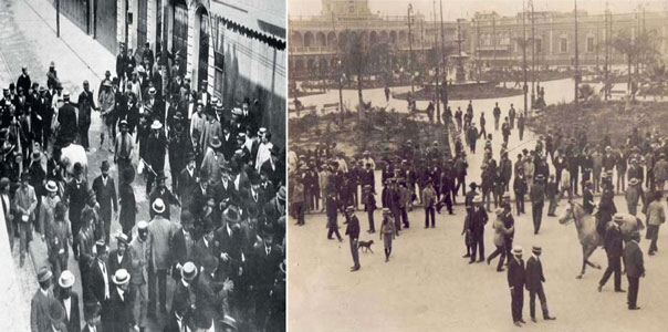 Imagen izquierda: Escenas en Lima luego de la intentona golpista de los hermanos Piérola, contra el presidente Leguía en mayo de 1909. (Fuente: Centro de Estudios Histórico Militares del Perú - CEHMP). | Imagen derecha: Plaza Mayor de Lima durante los sucesos del 29 de mayo de 1909. (Fuente: Congreso de la República del Perú).